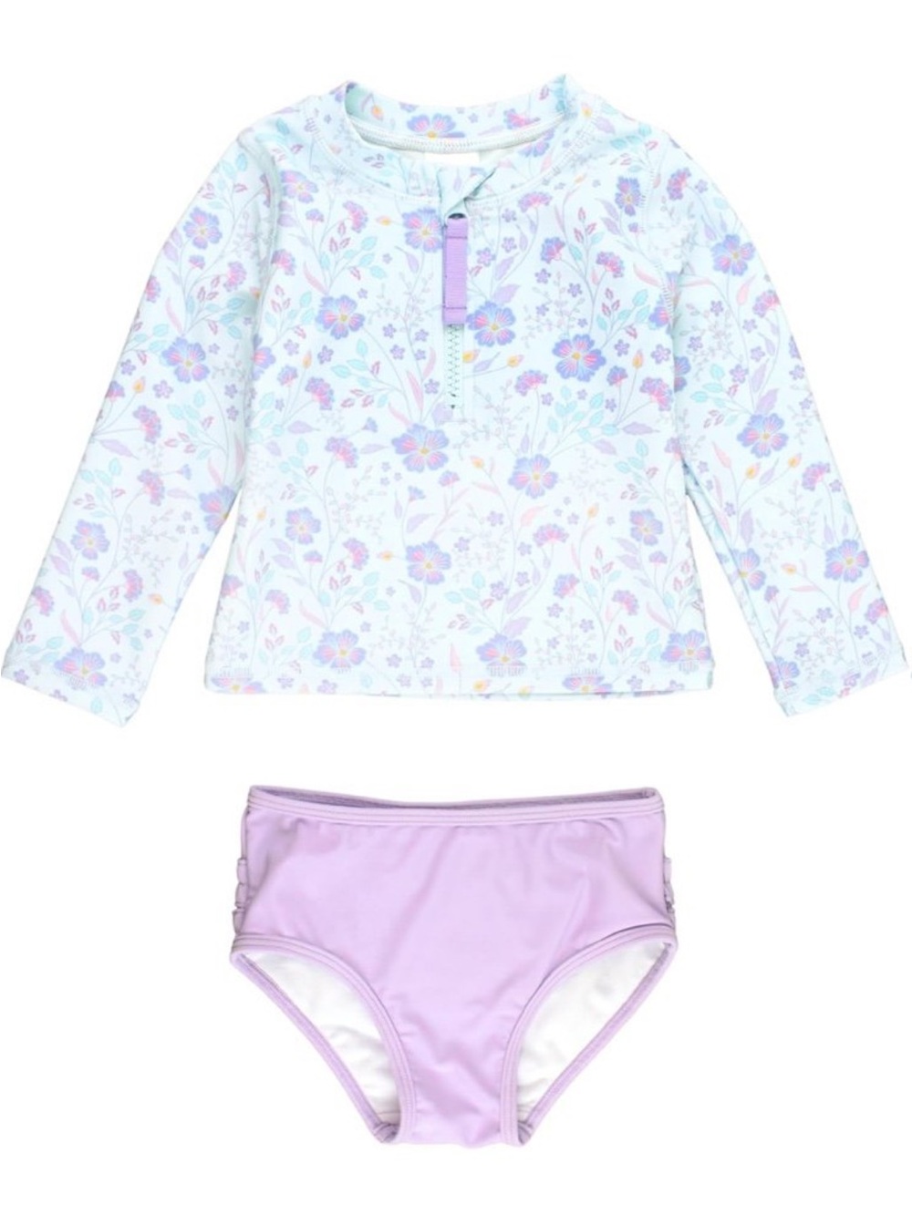 RuffleButts Long Sleeve Rash Guard Swim Set - Lavender Floral